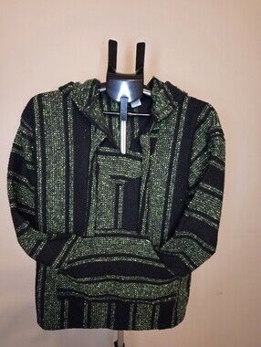 Men's Size 34-36 Green & Black Baja Molina Open Neck Hoodie EUC Made In Mexico